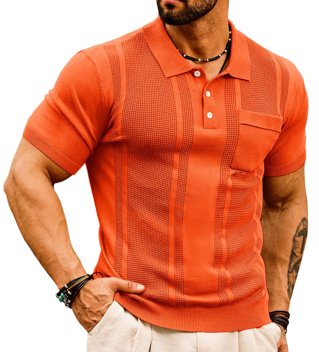 GRACE KARIN Men's Textured Knitted Bowling Polo Shirt Classic Short Sleeve Golf Shirts for Summer Orange L