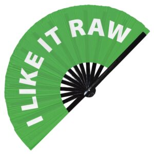 I Like It Raw Hand Fan Foldable Bamboo Circuit Hand Fan Funny Gag Slang Words Expressions Statement Gifts Festival Accessories Rave Handheld Circuit Event Fan Clack Fans (Green)