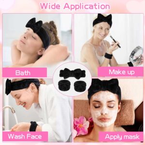 WSYUB Makeup Headbands, 1pcs Black Spa Headband Fluffy Bow Tie Headband Microfiber Face Headband, and 2Pcs Wrist Spa Wash Band Absorbent Wristbands, for Washing Face Skin Care