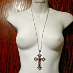 Large Gothic Cross Necklace silver-tone pendant on 24" steel chain with RED stone