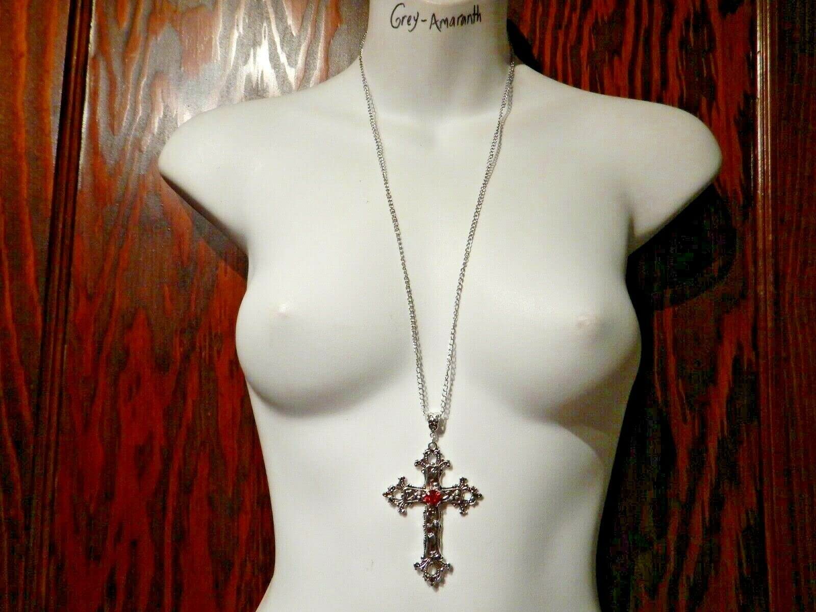 Large Gothic Cross Necklace silver-tone pendant on 24" steel chain with RED stone