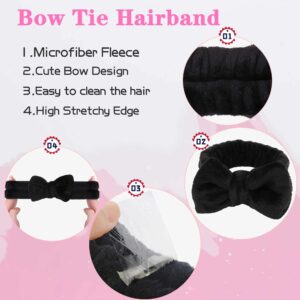 WSYUB Makeup Headbands, 1pcs Black Spa Headband Fluffy Bow Tie Headband Microfiber Face Headband, and 2Pcs Wrist Spa Wash Band Absorbent Wristbands, for Washing Face Skin Care