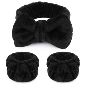 WSYUB Makeup Headbands, 1pcs Black Spa Headband Fluffy Bow Tie Headband Microfiber Face Headband, and 2Pcs Wrist Spa Wash Band Absorbent Wristbands, for Washing Face Skin Care