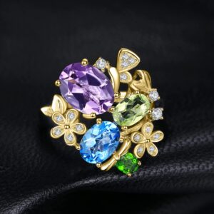 JewelryPalace Flower Genuine Amethyst Peridot Chrome Diopside Blue Topaz Rings for Women, Adjustable Open 14K Yellow Gold Plated 925 Sterling Silver Ring, Multicolor Natural Gemstone jewelry Set