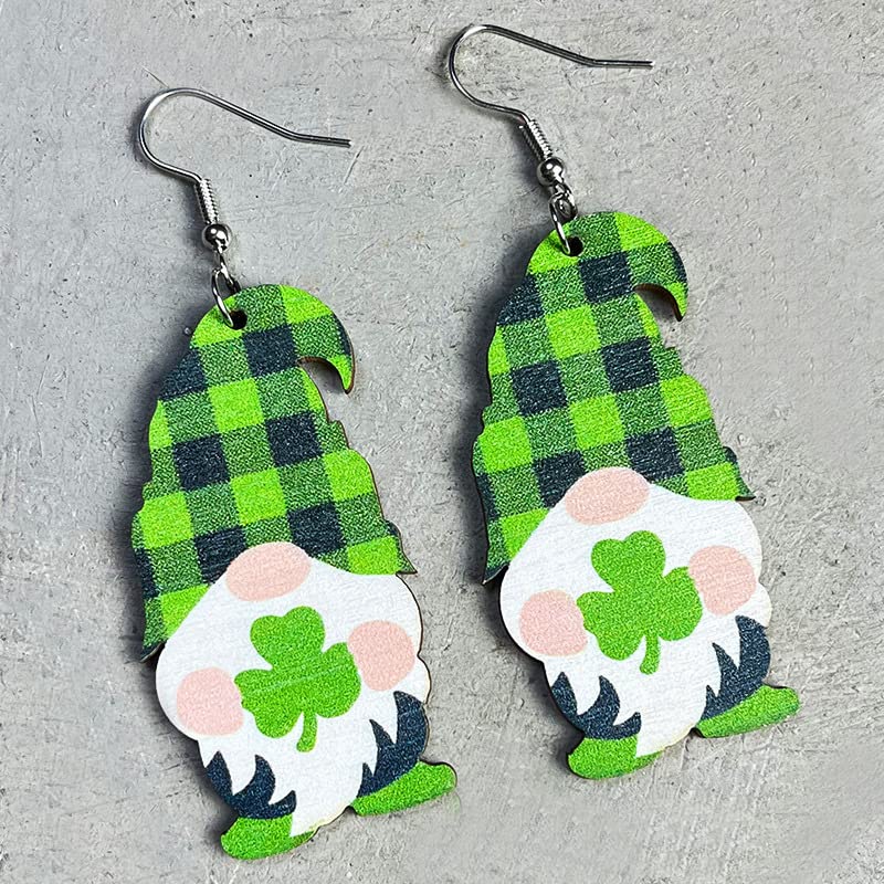 Pingyongchang St. Patrick's Day Gnome Wood Earrings for Women Cute Handmade Irish Shamrock Dangle Earrings Green Clover Hat Drop Earrings Holiday Good Luck Jewelry Gift-Gnome