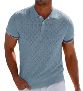 mens short sleeve polo shirts vintage contrast texture knit lightweight pullover tops for golf sport m grey blue