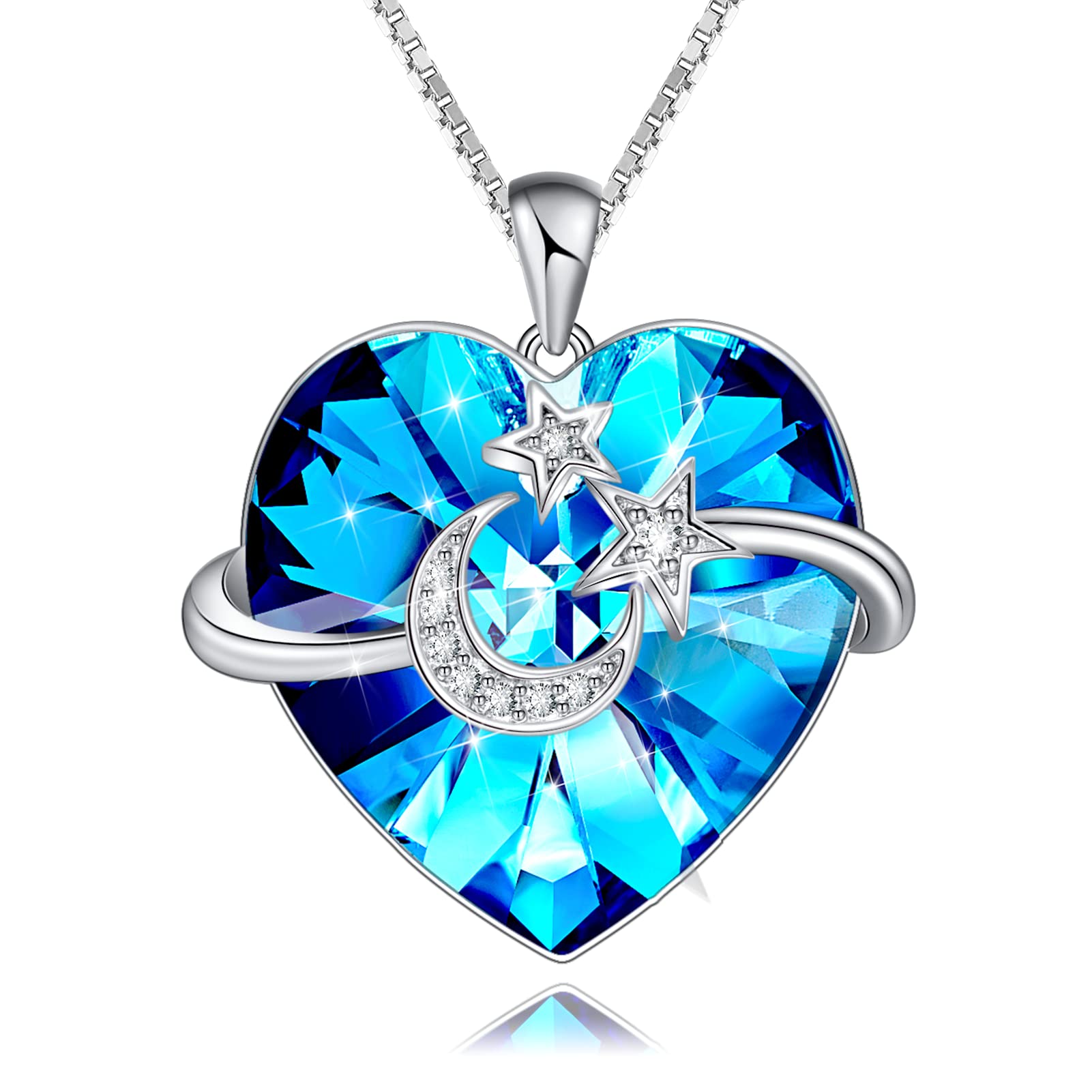 Distance Crystal Heart Necklace for Women S925 Sterling Silver Moon Star Crystal Necklaces Jewelry Gift for Her on Christmas, Valentine's, Mother's Day, Birthday Gifts for Women Wife Girlfriend