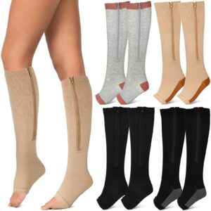 Lasnten 5 Pairs Zipper Compression Socks Open Toe Compression Stockings with Zipper Support Socks for Women Compression Knee High Compression Socks for Women Men, Walking Running