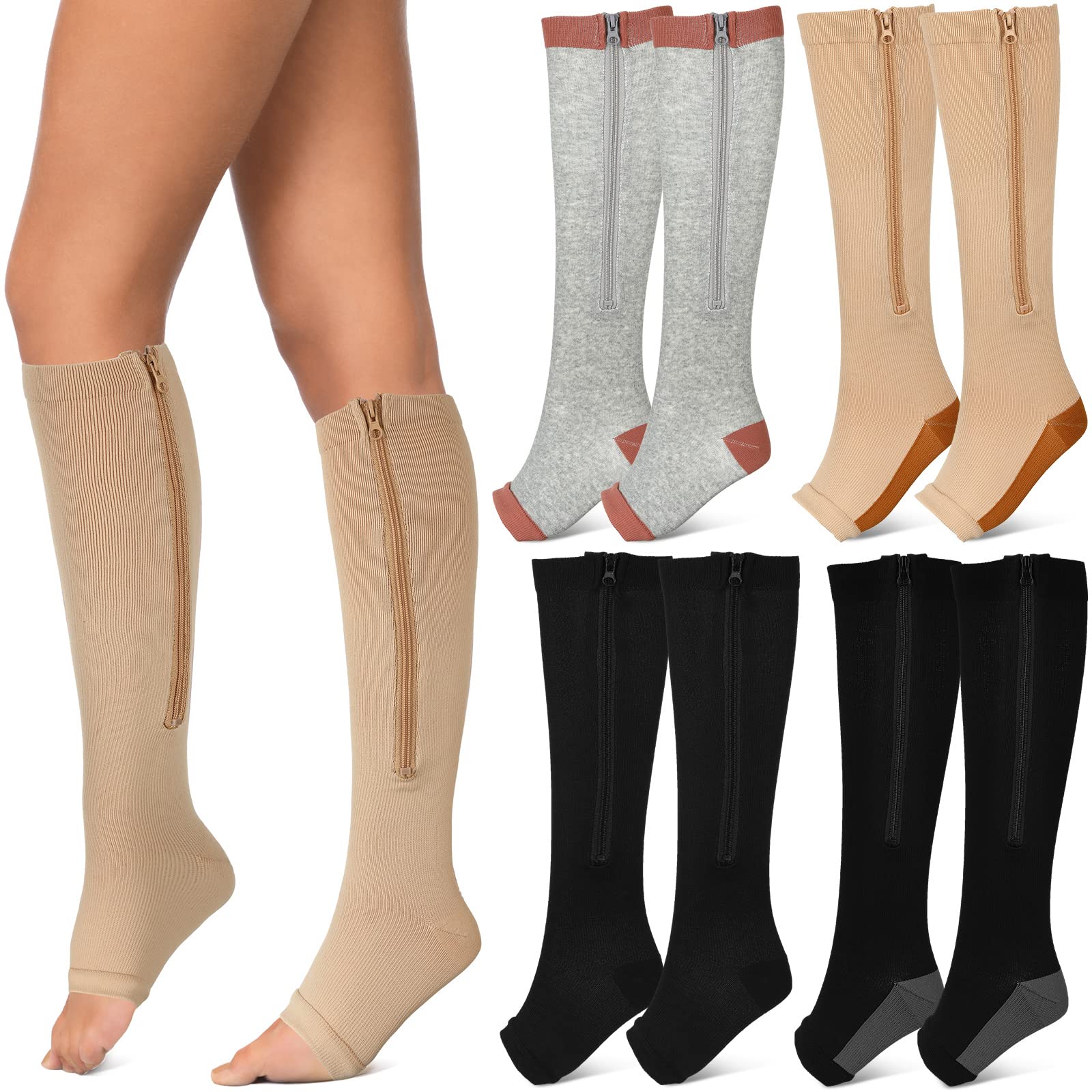 Lasnten 5 Pairs Zipper Compression Socks Open Toe Compression Stockings with Zipper Support Socks for Women Compression Knee High Compression Socks for Women Men, Walking Running