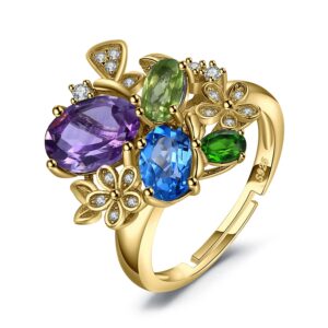 jewelrypalace flower genuine amethyst peridot chrome diopside blue topaz rings for women, adjustable open 14k yellow gold plated 925 sterling silver ring, multicolor natural gemstone jewelry set