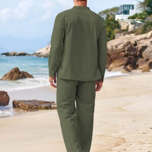 COOFANDY Men's 2 Piece Linen Sets Casual Long Sleeve Shirt and Loose Pants Set Beach Vacation Outfits, Army Green, X-Large