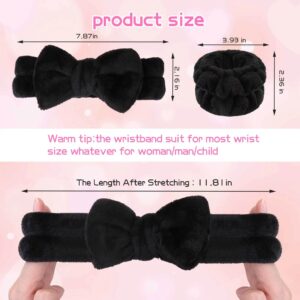 WSYUB Makeup Headbands, 1pcs Black Spa Headband Fluffy Bow Tie Headband Microfiber Face Headband, and 2Pcs Wrist Spa Wash Band Absorbent Wristbands, for Washing Face Skin Care