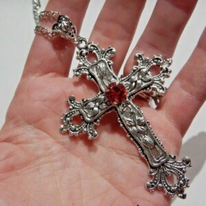 Large Gothic Cross Necklace silver-tone pendant on 24" steel chain with RED stone