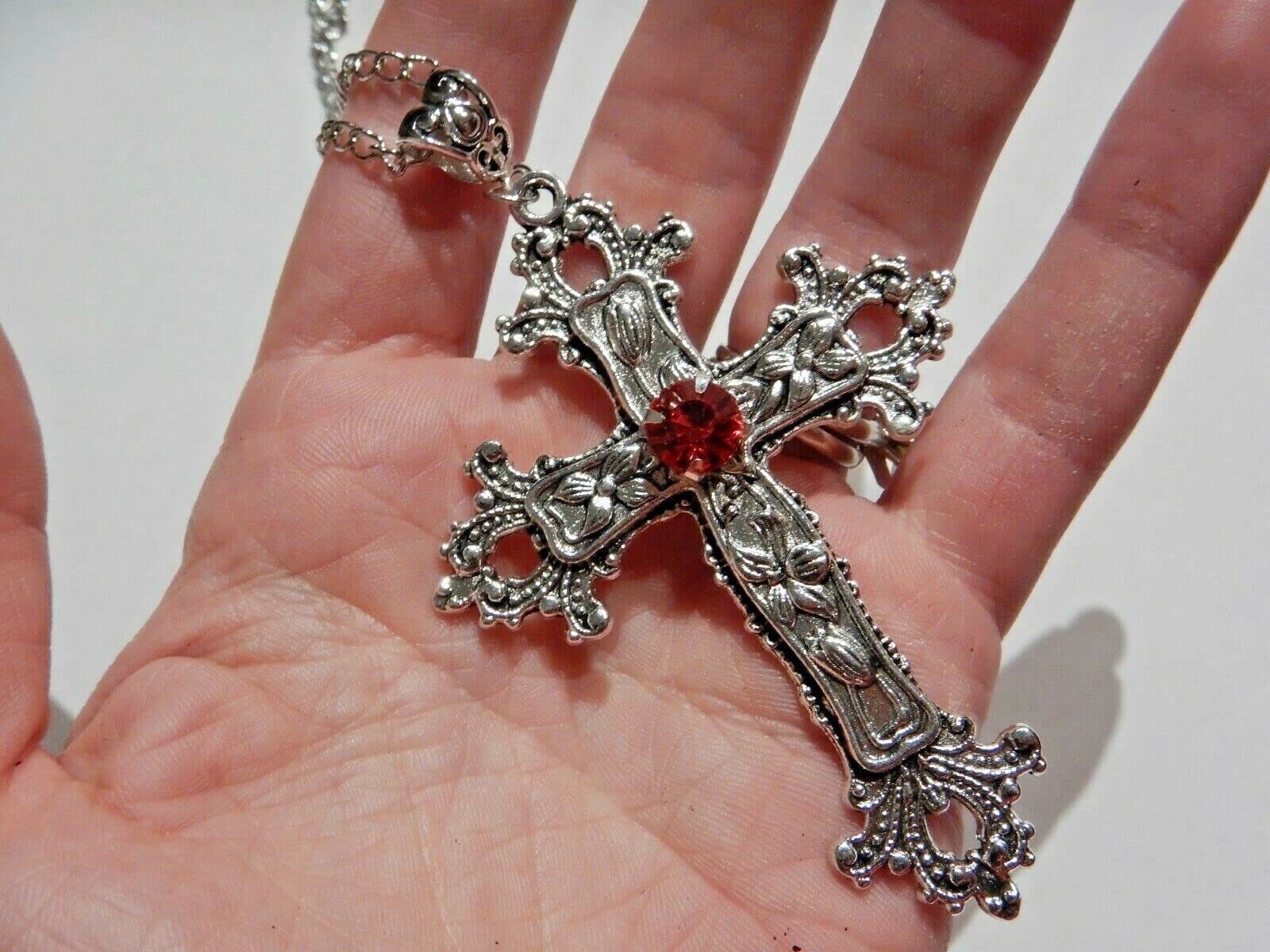 Large Gothic Cross Necklace silver-tone pendant on 24" steel chain with RED stone