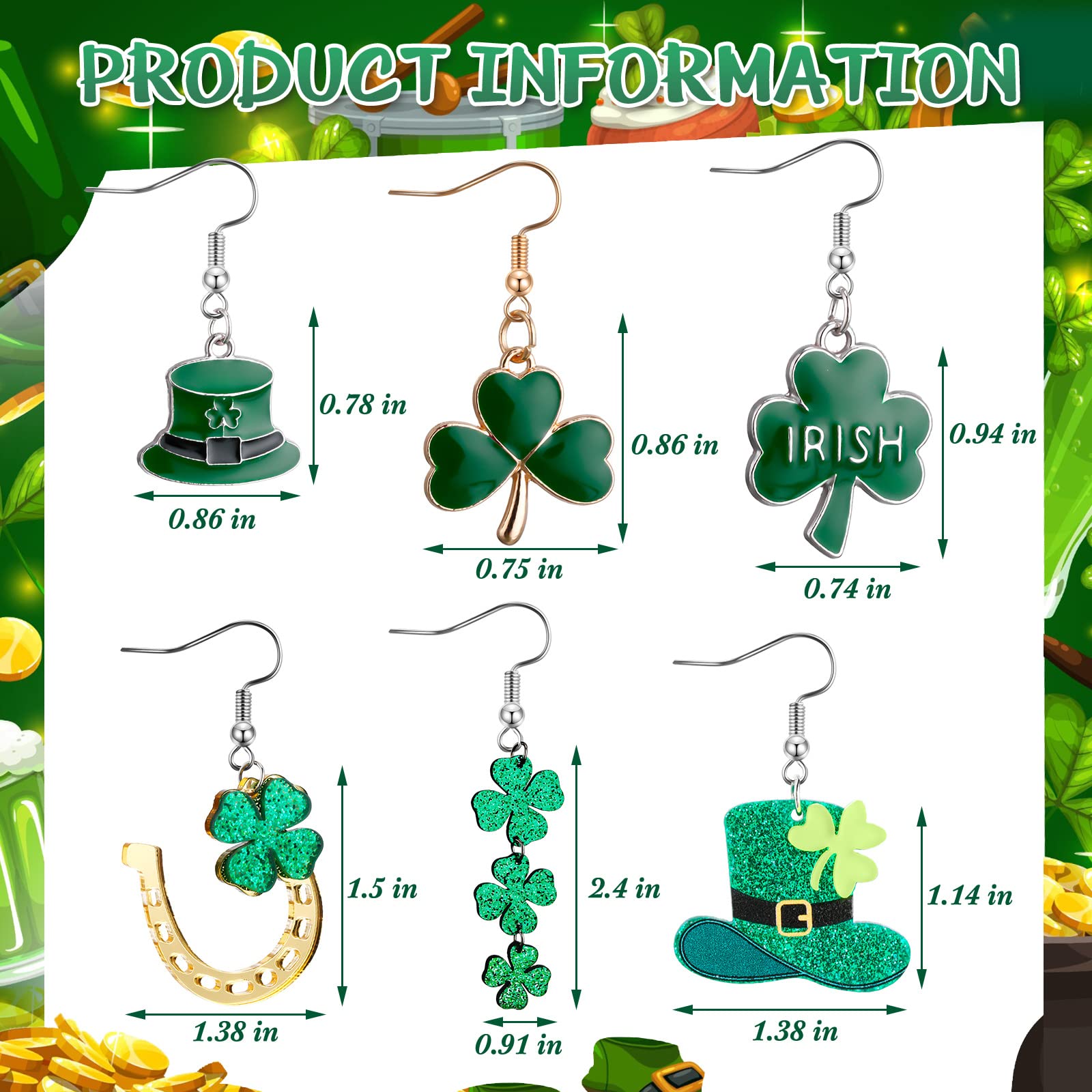 Henoyso 6 Pairs St. Patrick's Day Earrings Acrylic Stud Clover Dangling Earrings Irish Shamrock Dangle Earrings for Women (Clover)