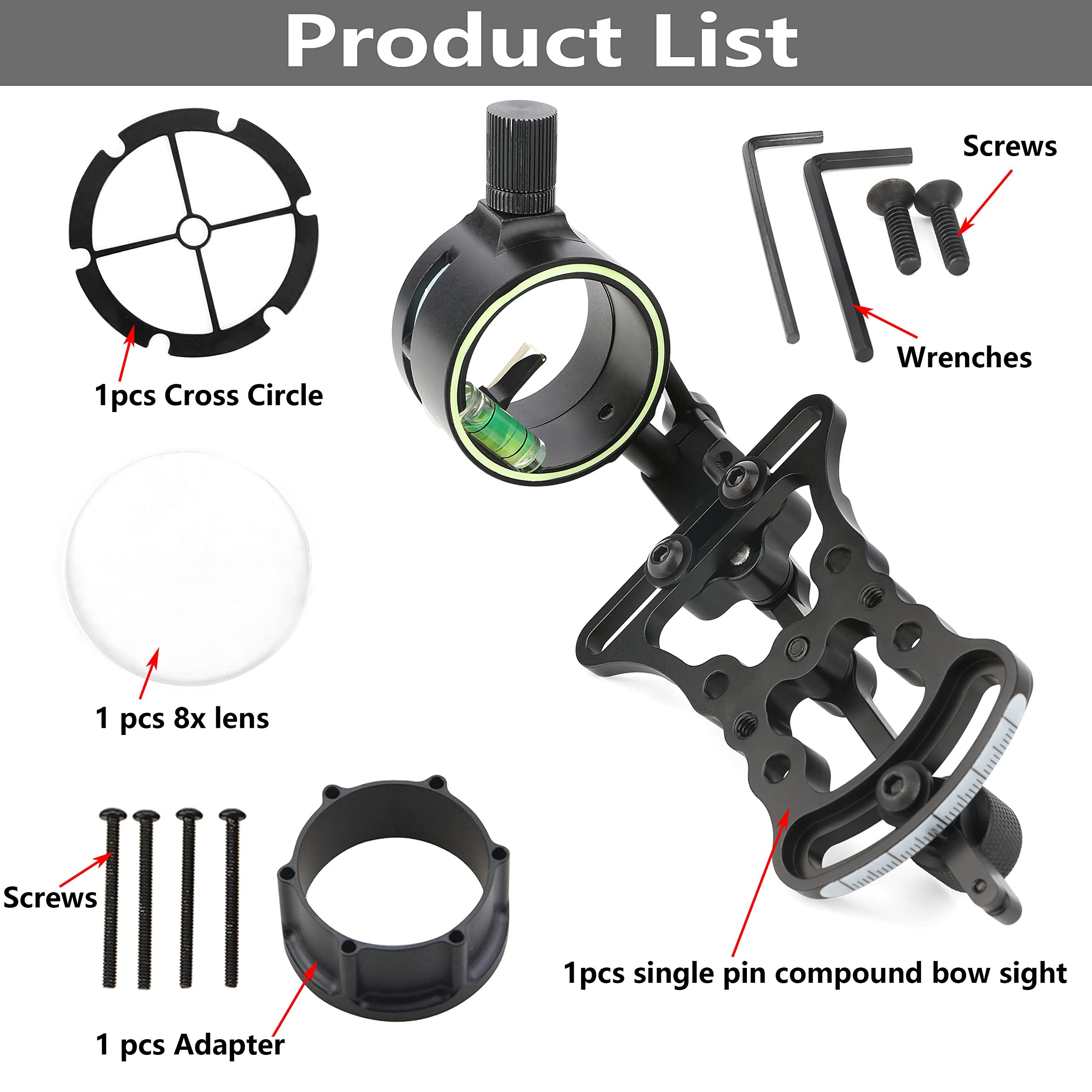 Single Pin Bow Sight Compound Bow Sights with 4X 6X 8X Lens 1 Pin Bow Sight Archery Hunting Sighting Suitable for Right-Handed Archers (8X Lens Bow Sight)