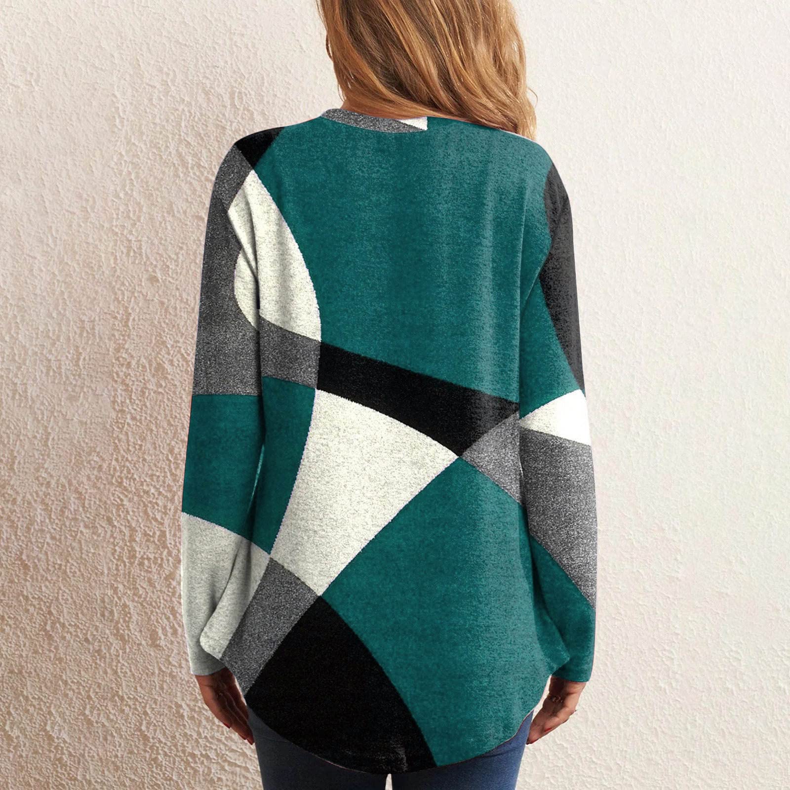 Casual Round Neck Long Sleeve Sweater for Women,Geometric Print Sweatshirts Fall Loose Pullover Blouse Tops Shirts Green