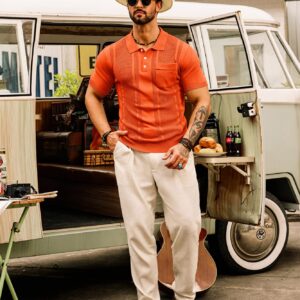 GRACE KARIN Men's Textured Knitted Bowling Polo Shirt Classic Short Sleeve Golf Shirts for Summer Orange L