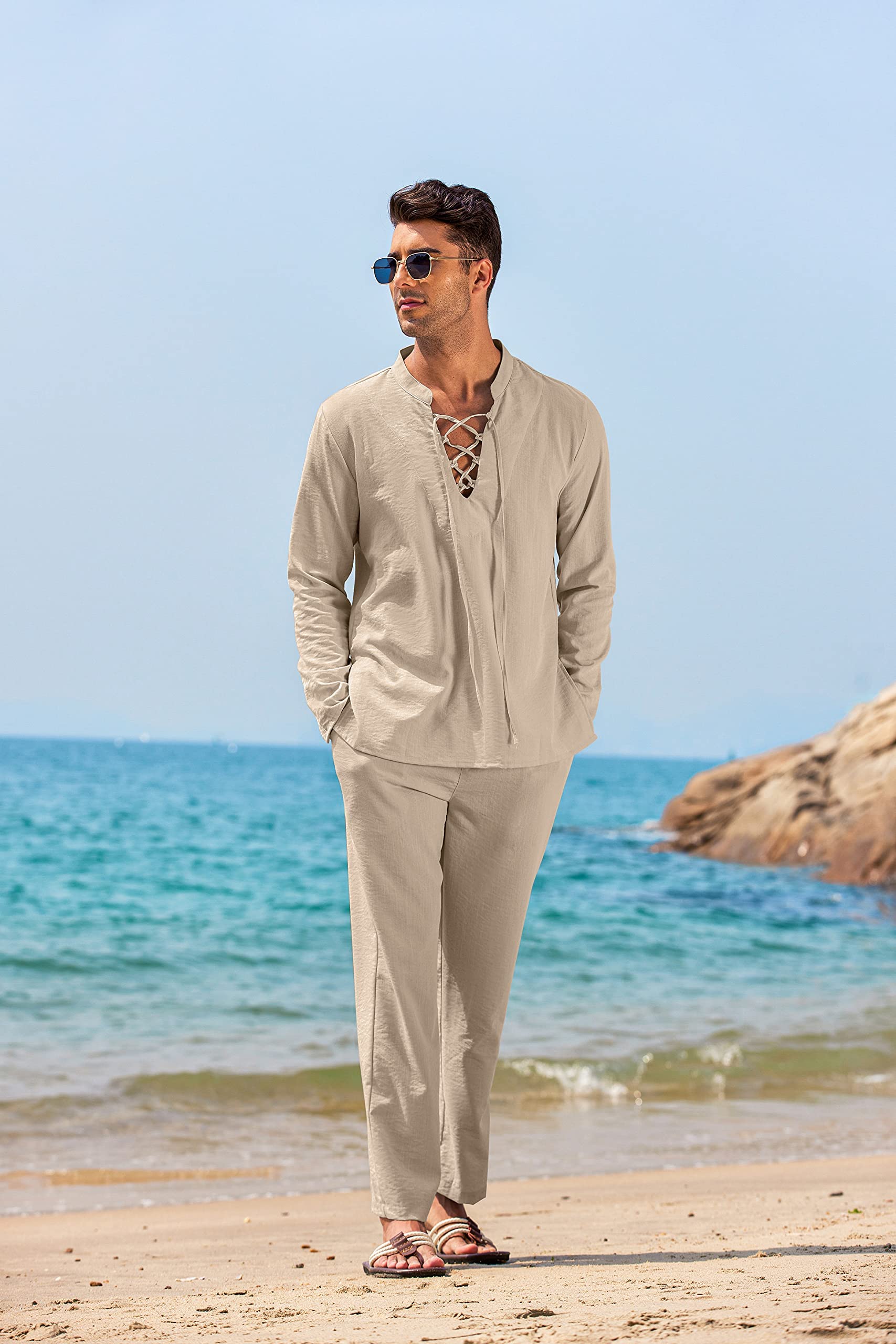 COOFANDY Men's 2 Piece Linen Set Long Sleeve Henley Shirts Casual Beach Pants With Pockets Summer Yoga Outfits