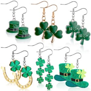 henoyso 6 pairs st. patrick's day earrings acrylic stud clover dangling earrings irish shamrock dangle earrings for women (clover)