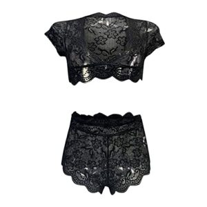 Lace Lingerie Set for Women Floral Lace Scalloped Trim Bra and Panty Underwear Outfits Women's Exotic Lingerie Sets Ladies Cap Sleeve Crop Tops with High Waist Underpants Panties 2 Piece Black