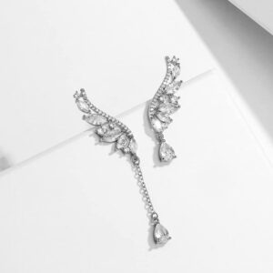 Angel's Wings Cubic Zirconia Earrings for Women, Asymmetrical Teardrop Crystal Long Drop Dangle Ear Climbers Wedding Earring for Bridesmaids Brides,Elegant Rhinestone Pretty Birthday Party Prom Gifts