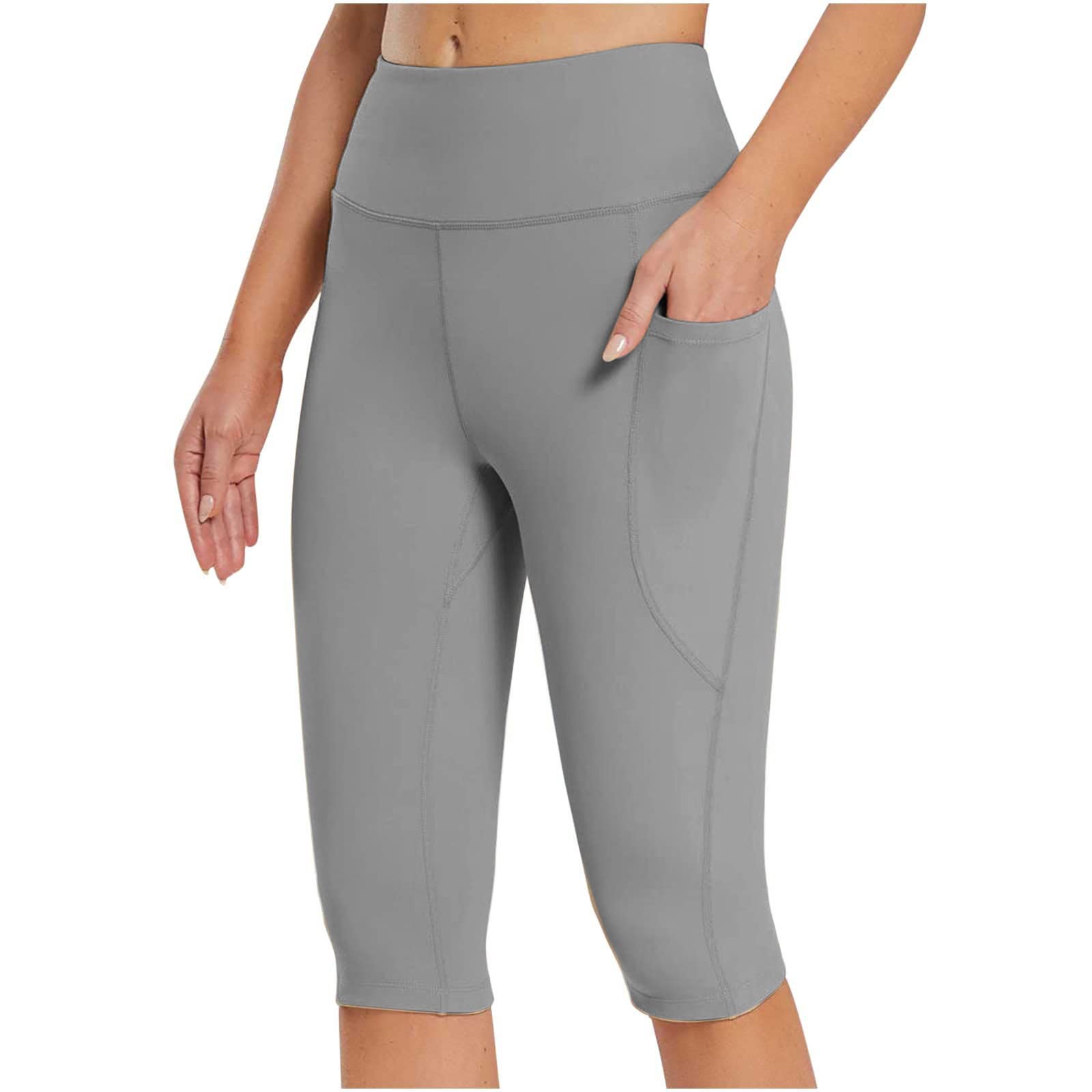 Active Yoga Pants for Women Knee Length Leggings High Waisted Yoga Workout Exercise Capris for Casual Summer with Pockets Gray