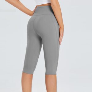 Active Yoga Pants for Women Knee Length Leggings High Waisted Yoga Workout Exercise Capris for Casual Summer with Pockets Gray