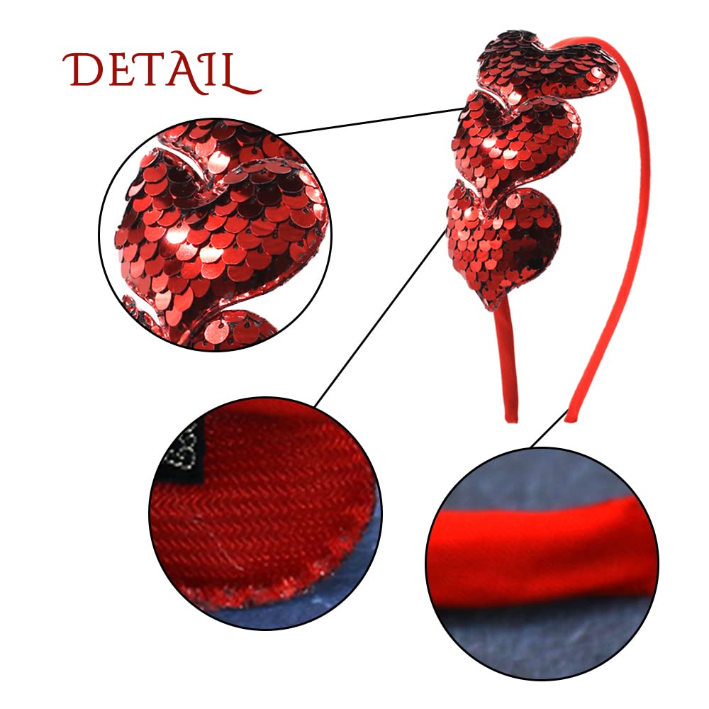 Heart Headband Heart Glitter Hair Band Love Sequin Hair Accessories Girl Women Valentine's Party Birthday Wedding (3 Red)