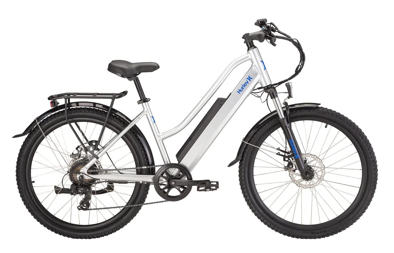 Hurley J-Bay E Electric E-Bike, 7 Speed, Disc Brakes (Silver, M / 16" Fits 5'2″-5'10″)