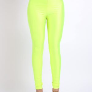 OFENTI Shiny Leggings High Waist Neon Leggings Elastic Stretch Skinny Comfy Lightweight Pants Tights Disco Party Rave Neon Yellow Medium