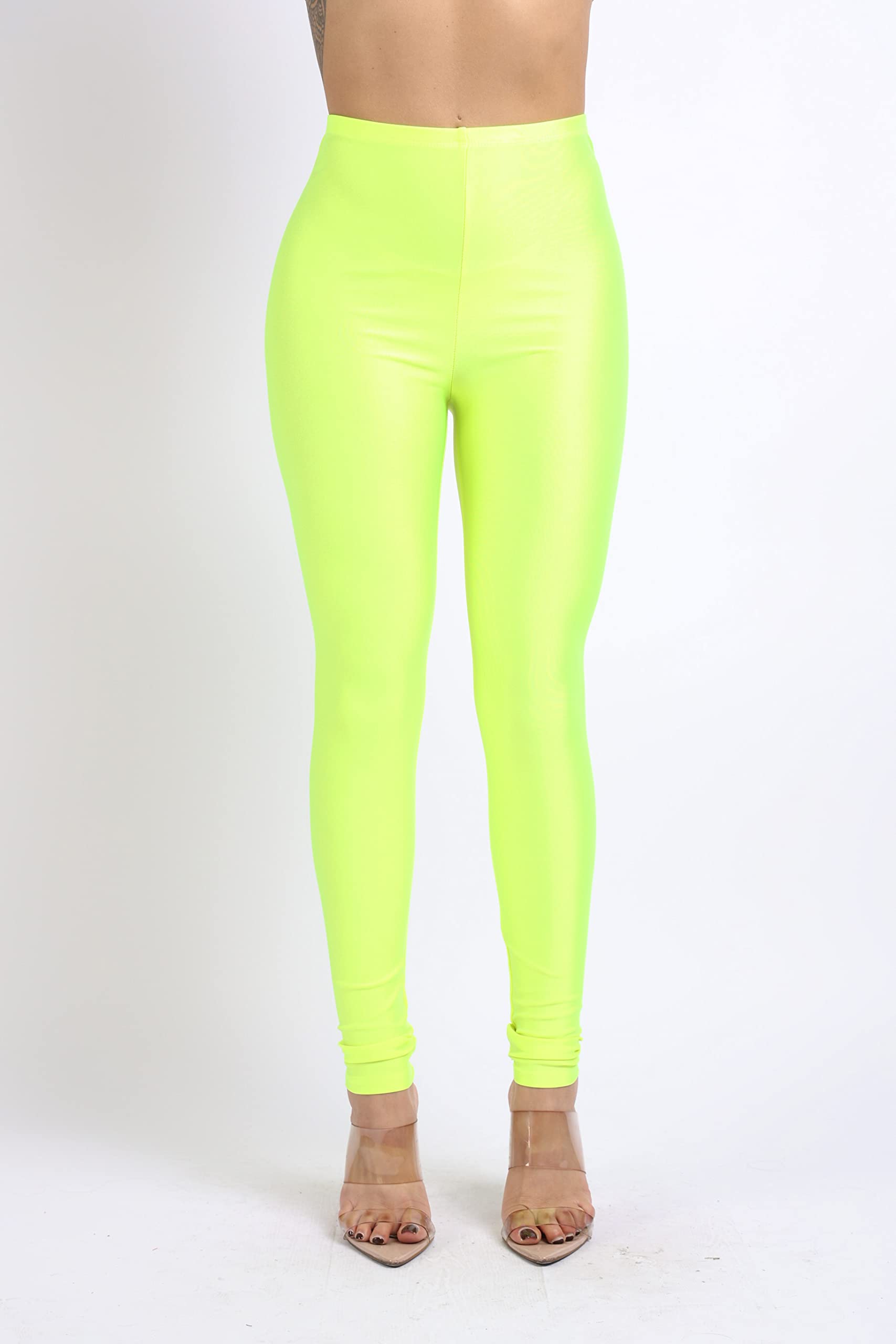 OFENTI Shiny Leggings High Waist Neon Leggings Elastic Stretch Skinny Comfy Lightweight Pants Tights Disco Party Rave Neon Yellow Medium