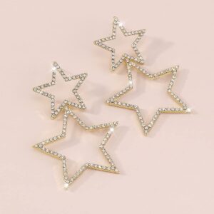 Jumwrit Rhinestone Star Earrings Long Star Drop Dangle Earrings Geometric Five-Pointed Star Stud Earrings Punk Boho Shiny Earrings Fashion Earrings Jewelry for Women Girls(Gold)