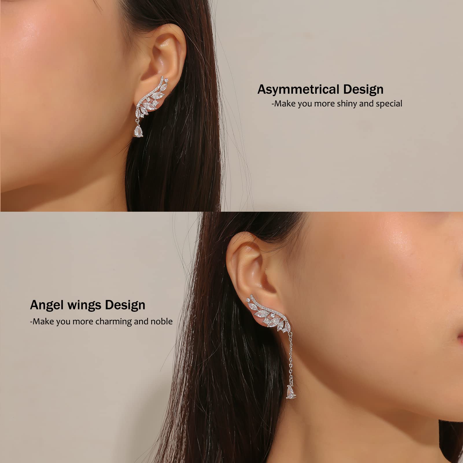 Angel's Wings Cubic Zirconia Earrings for Women, Asymmetrical Teardrop Crystal Long Drop Dangle Ear Climbers Wedding Earring for Bridesmaids Brides,Elegant Rhinestone Pretty Birthday Party Prom Gifts