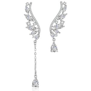 angel's wings cubic zirconia earrings for women, asymmetrical teardrop crystal long drop dangle ear climbers wedding earring for bridesmaids brides,elegant rhinestone pretty birthday party prom gifts