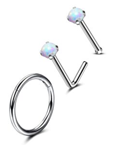 cocharm 3pcs g23 titanium nose stud set 20g white opal nose stud ring surgical steel nose bone 20 gauge opal nose piercing nose hoop corkscrew nose jewelry