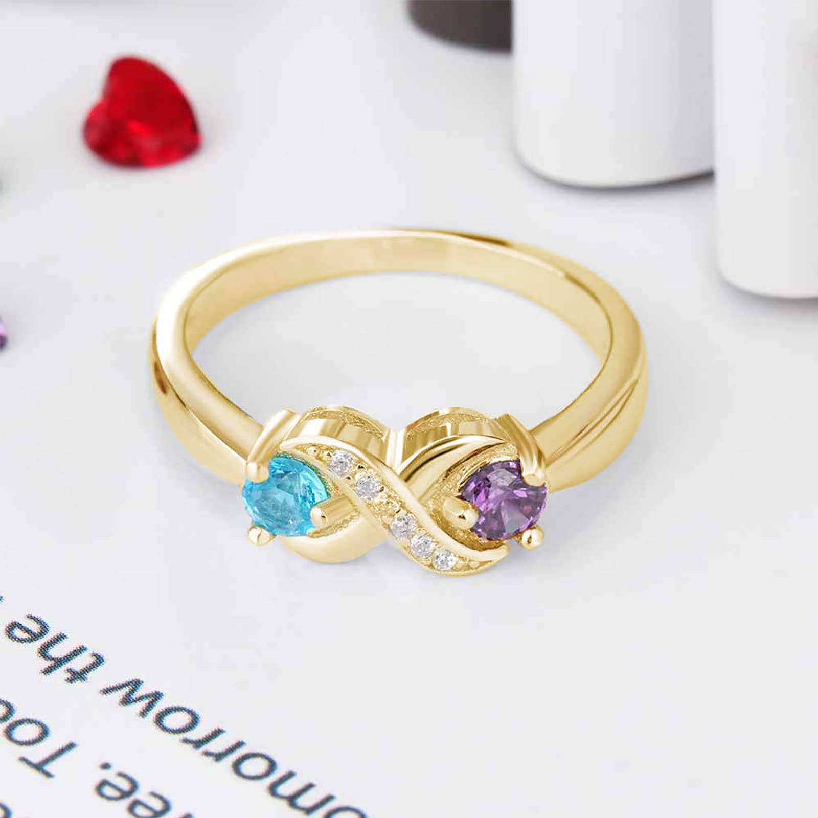 BETHZA Gold Mothers Ring 2 Birthstones 10k Yellow Gold Mom Ring 14k Gold Mothers Ring 2 Children 18k Gold Mother Daughter Ring Personalized Gold Family Birthstones Ring Customized