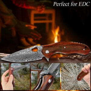 Benkey VG10 Damascus Pocket Knife with Clip Leather Sheath and Wood Folding Hunting Knife Bundles