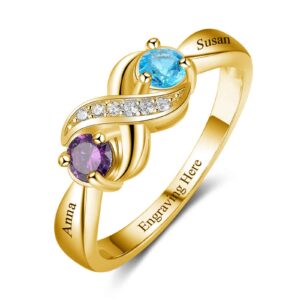 BETHZA Gold Mothers Ring 2 Birthstones 10k Yellow Gold Mom Ring 14k Gold Mothers Ring 2 Children 18k Gold Mother Daughter Ring Personalized Gold Family Birthstones Ring Customized