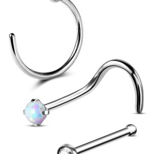 COCHARM 3pcs G23 Titanium Nose Stud Set 20g White Opal Nose Screw 2mm CZ Nose Bone 20 Gauge White Opal Nose Piercing Nose Hoop Nose Corkscrew Hypoallergenic Nose Jewelry