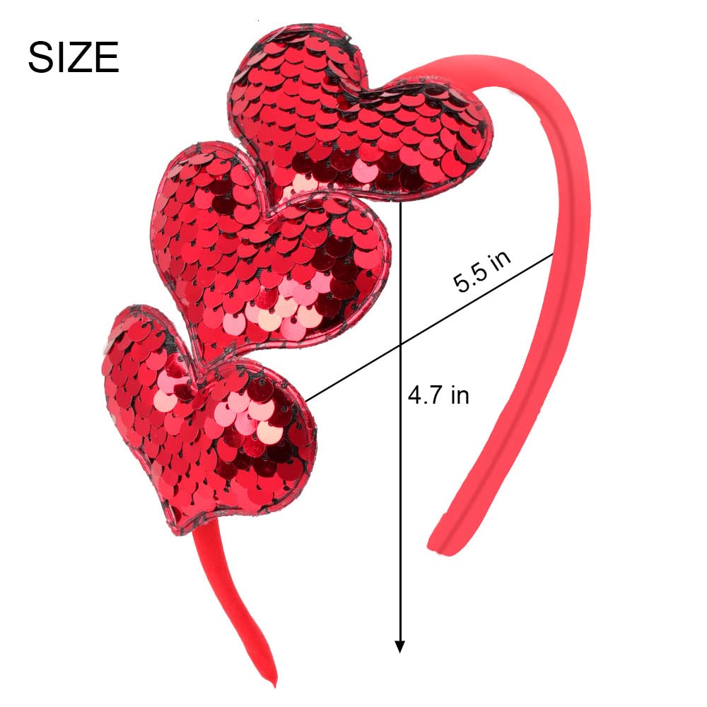 Heart Headband Heart Glitter Hair Band Love Sequin Hair Accessories Girl Women Valentine's Party Birthday Wedding (3 Red)