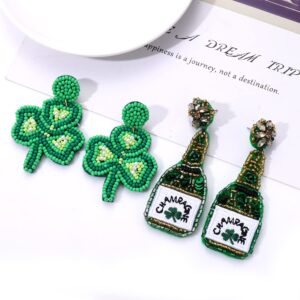 Vogueknock 2 Pairs Champagne Earrings Beaded Champange Bottle Drop Dangle Earrings Green St.Patrick's Day Shamrock Earrings Birthday Holiday Parties Gifts