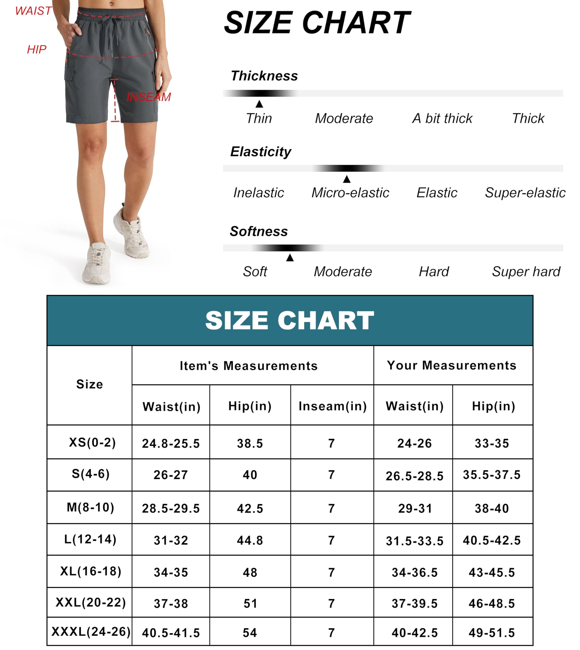 MASKERT Women's Hiking Cargo Shorts Quick Dry Athletic Golf Shorts 7 Inches Lightweight Running Summer Shorts with Zipper Pockets, Black XL