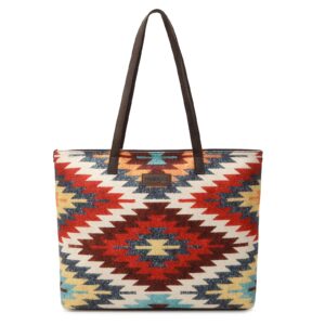 Wrangler Tote Purse Bag Aztec Canvas Shoulder Bags Native American Western Handbags for Women Genuine Leather Strap Hobo Bag WG53-8112MUTI