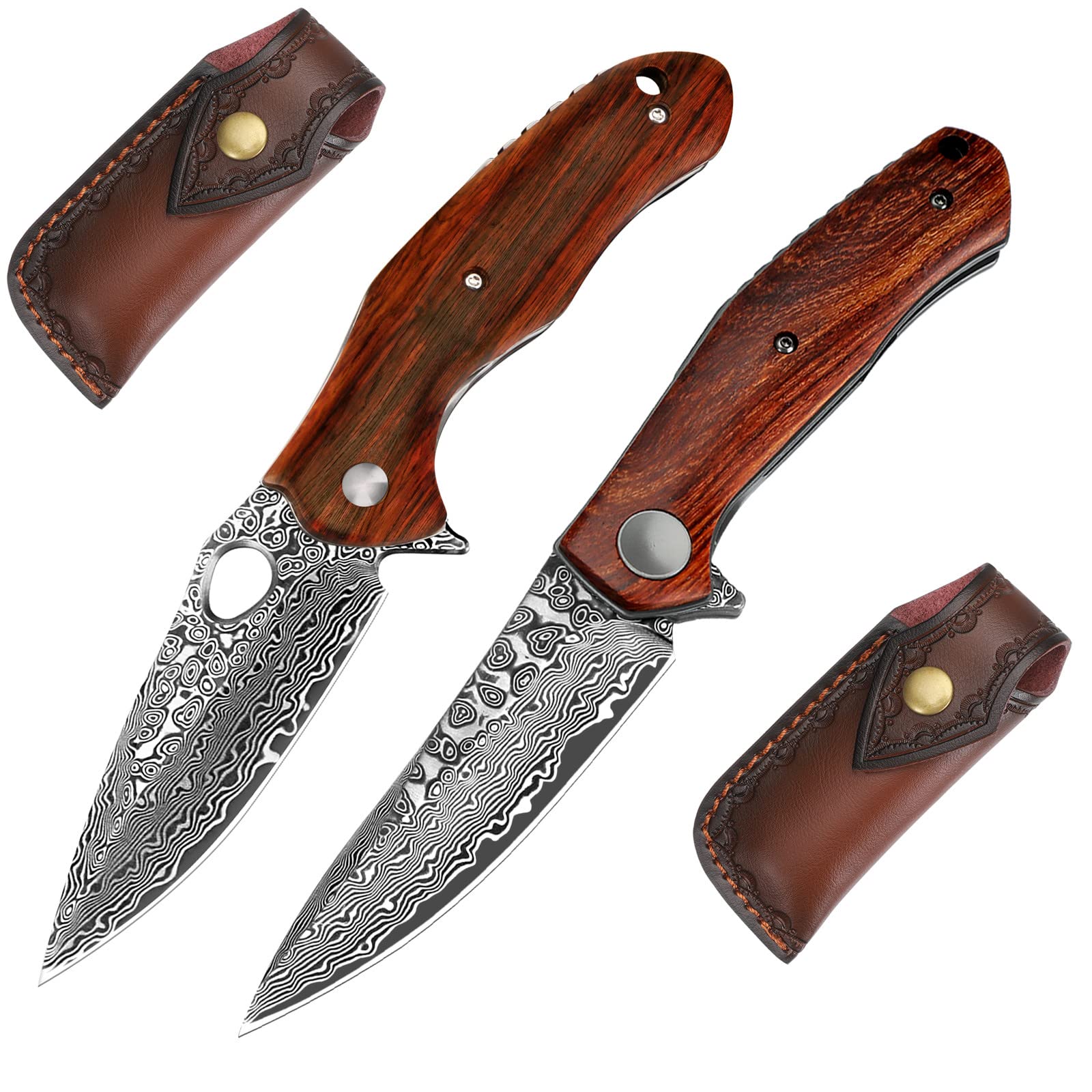 Benkey VG10 Damascus Pocket Knife with Clip Leather Sheath and Wood Folding Hunting Knife Bundles