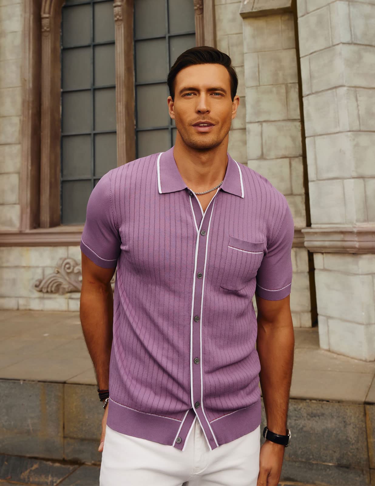 Mens Short Sleeve Knit Shirt Vintage Button Down Golf Polo Shirt Purple S