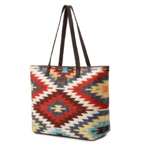 Wrangler Tote Purse Bag Aztec Canvas Shoulder Bags Native American Western Handbags for Women Genuine Leather Strap Hobo Bag WG53-8112MUTI