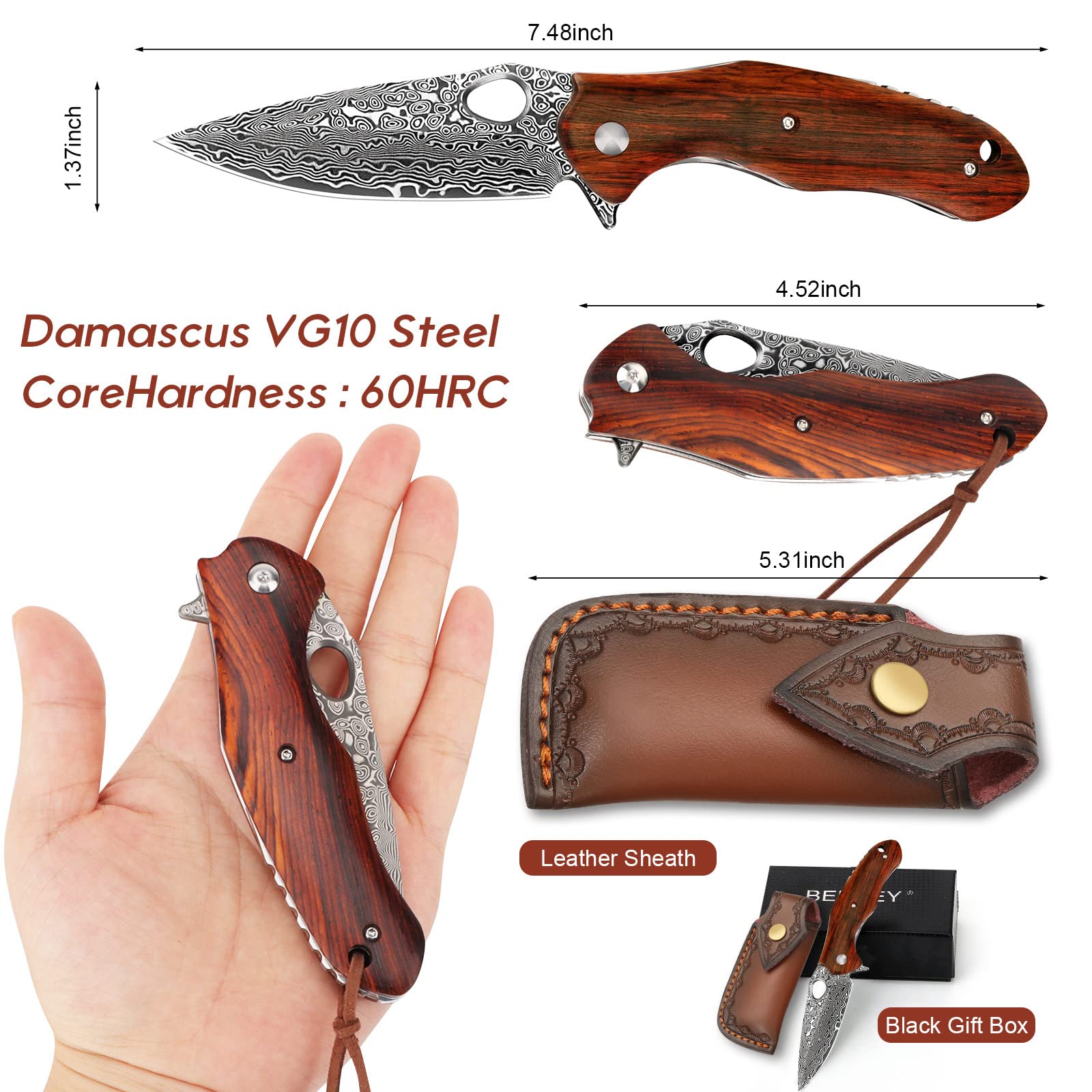 Benkey VG10 Damascus Pocket Knife with Clip Leather Sheath and Wood Folding Hunting Knife Bundles