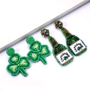 Vogueknock 2 Pairs Champagne Earrings Beaded Champange Bottle Drop Dangle Earrings Green St.Patrick's Day Shamrock Earrings Birthday Holiday Parties Gifts