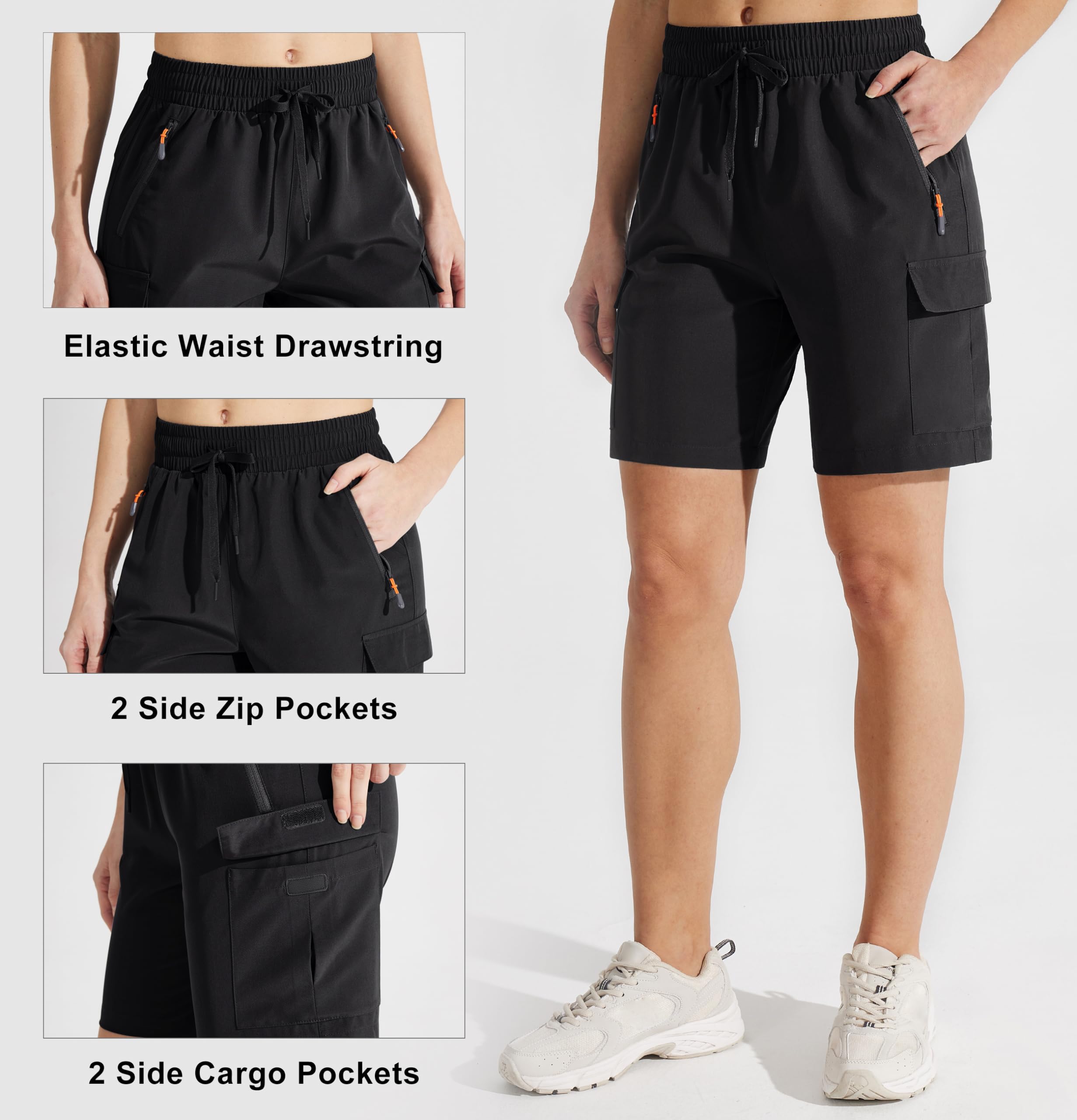 MASKERT Women's Hiking Cargo Shorts Quick Dry Athletic Golf Shorts 7 Inches Lightweight Running Summer Shorts with Zipper Pockets, Black XL